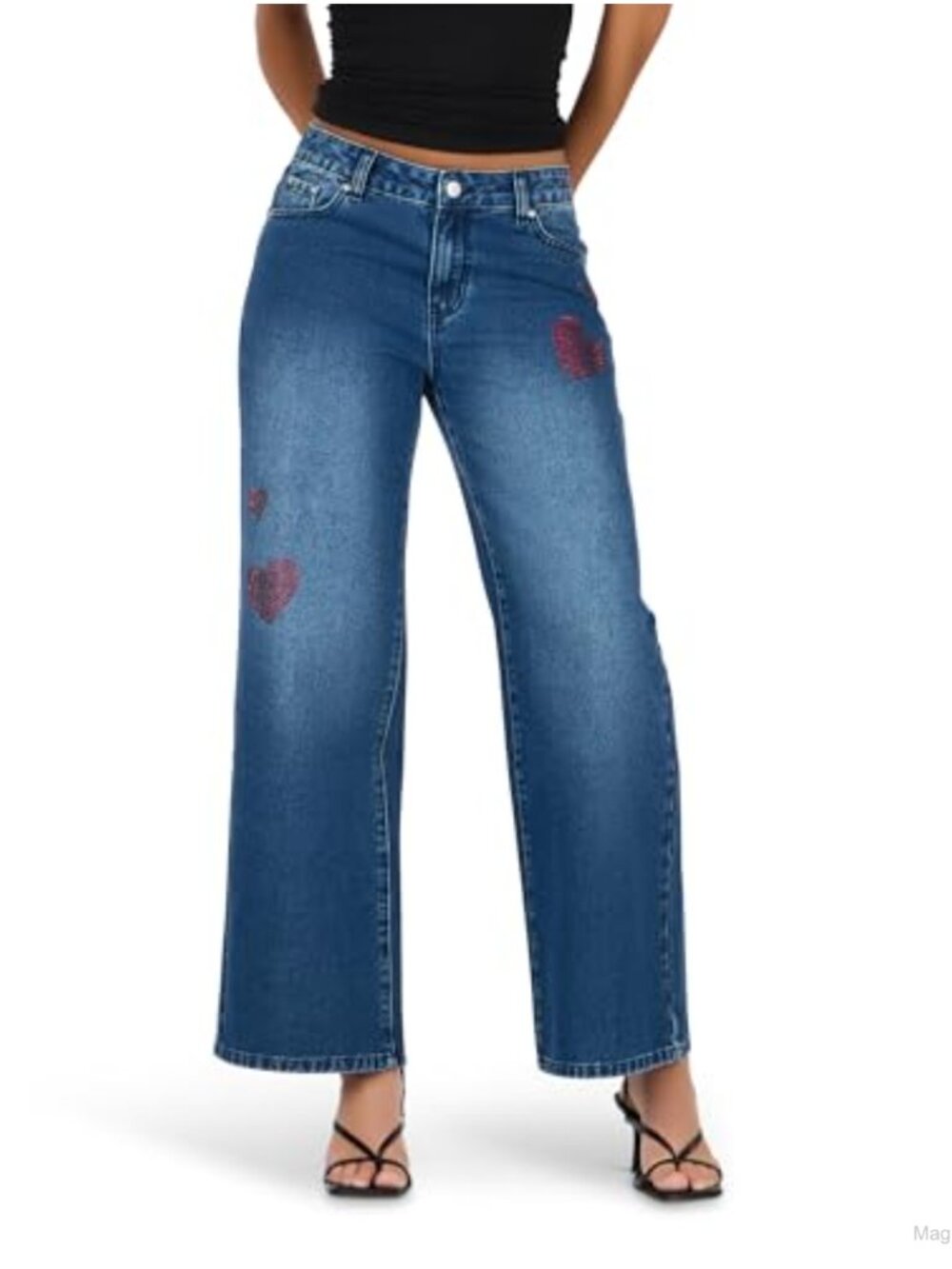 Forever 21 Rhinestone Heart Wide Leg High Rise Jeans Cotton Blend